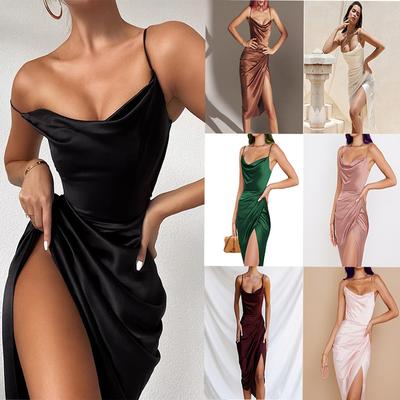 Fashionable Sexy Satin Split Dress, Slim Fit Spaghetti Strap Dress with Asymmetrical Mid-Length Design Temperament Sexy Sling Skirt