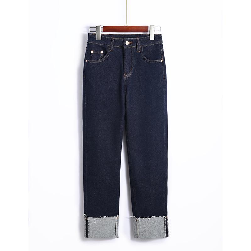 Clearance: Women s Deep Blue High-Waisted Slim-Fit Straight Leg Jeans with Rolled Hem L