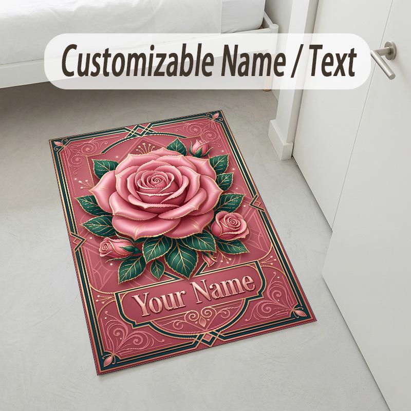 Roses Butterflies Theme Soft Crystal Velvet Rug Custom Name & Text Print Non Slip Floor Rug for Bedroom Living Room