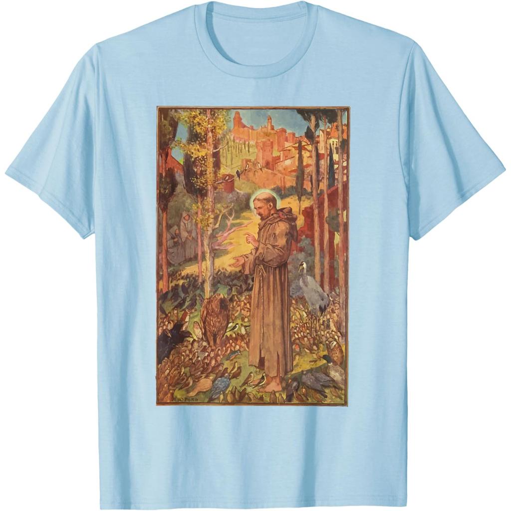 T-shirt Grafica San Francesco d'Assisi che Predica agli Uccelli Uomo Casual Girocollo Stampa Maglietta