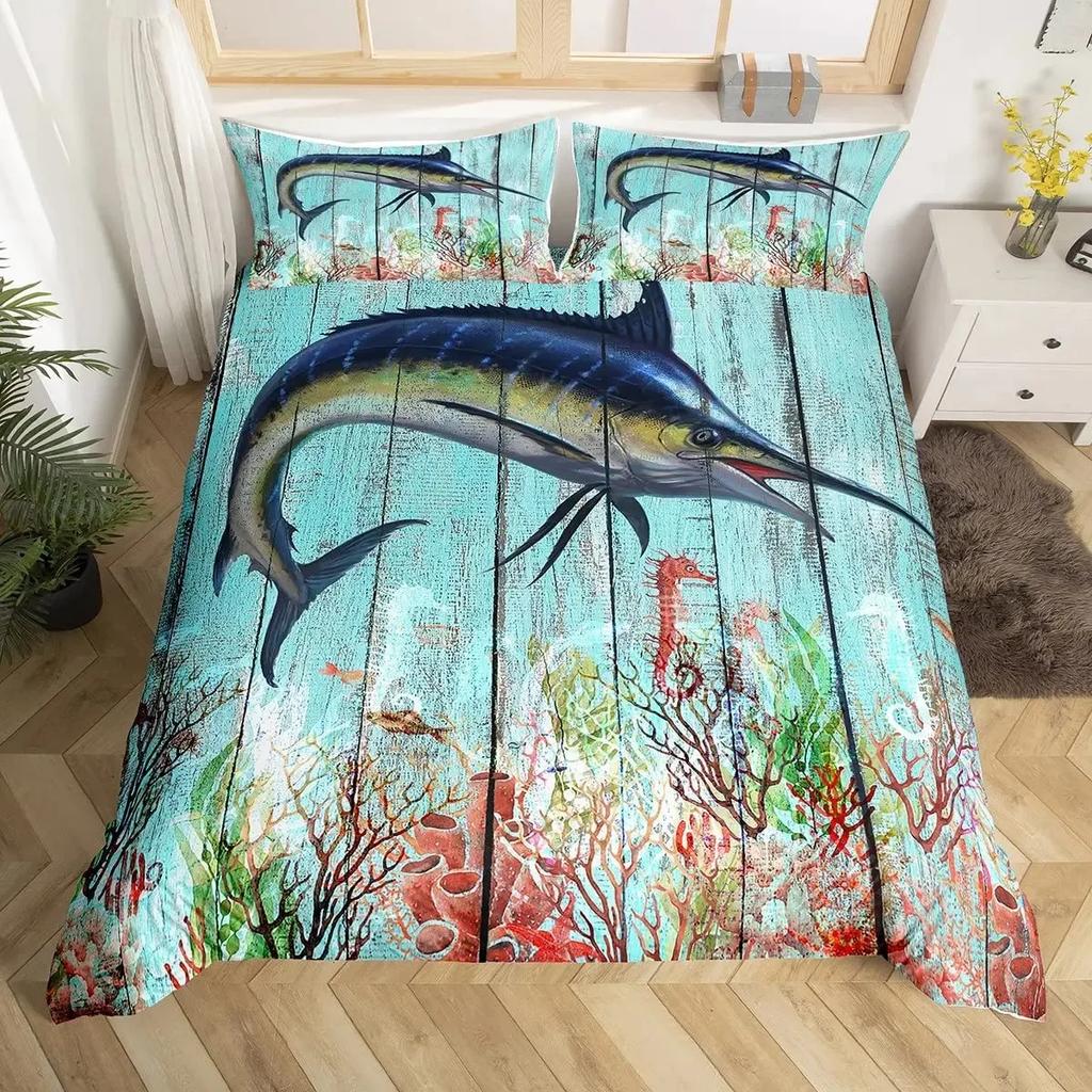 Marlin Svärdfisk Påslakanset Jakt Fiske Sängkläder Set Batik Havsfiske Båt Marint Liv Nautiskt Täckesöverdrag Queen