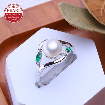 LSOOYH Pearl Jewelry Natural Freshwater Pearl Rings For Women Fashion Green Crystal Ring