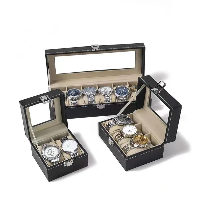 PU Leather Watch Box - Transparent Lid Display Case with Soft Interior, Multi-Drawer Storage Organizer for Jewelry Collection