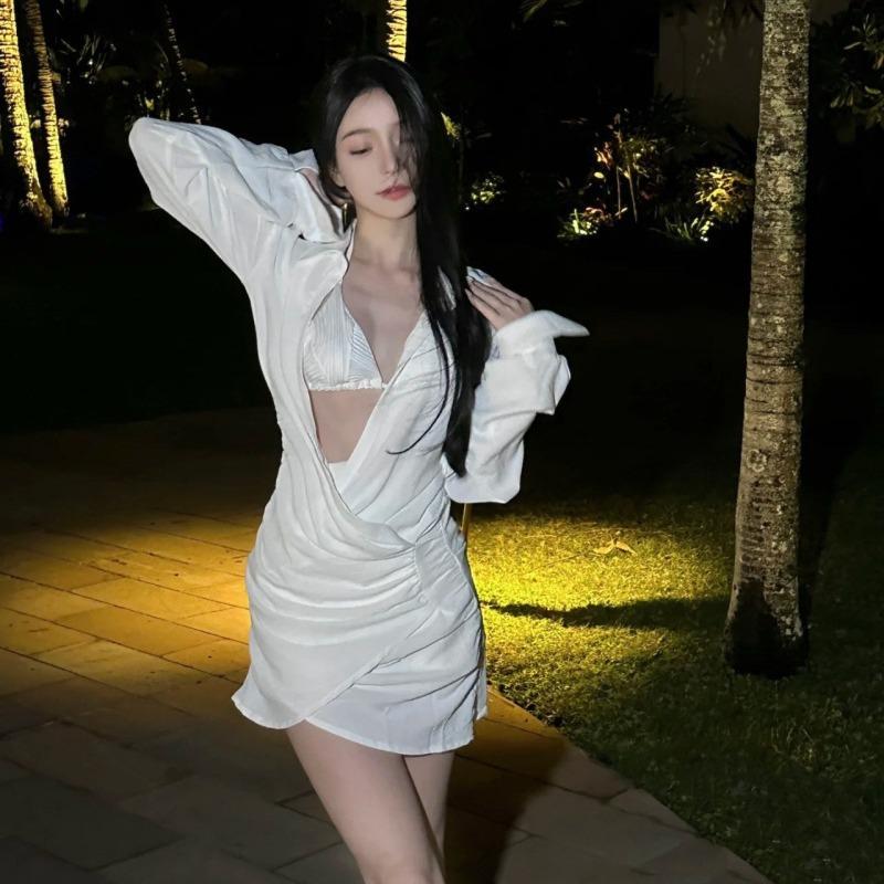 Pure desire sexy neck halter split three-point white bikini long-sleeved sunscreen shirt set