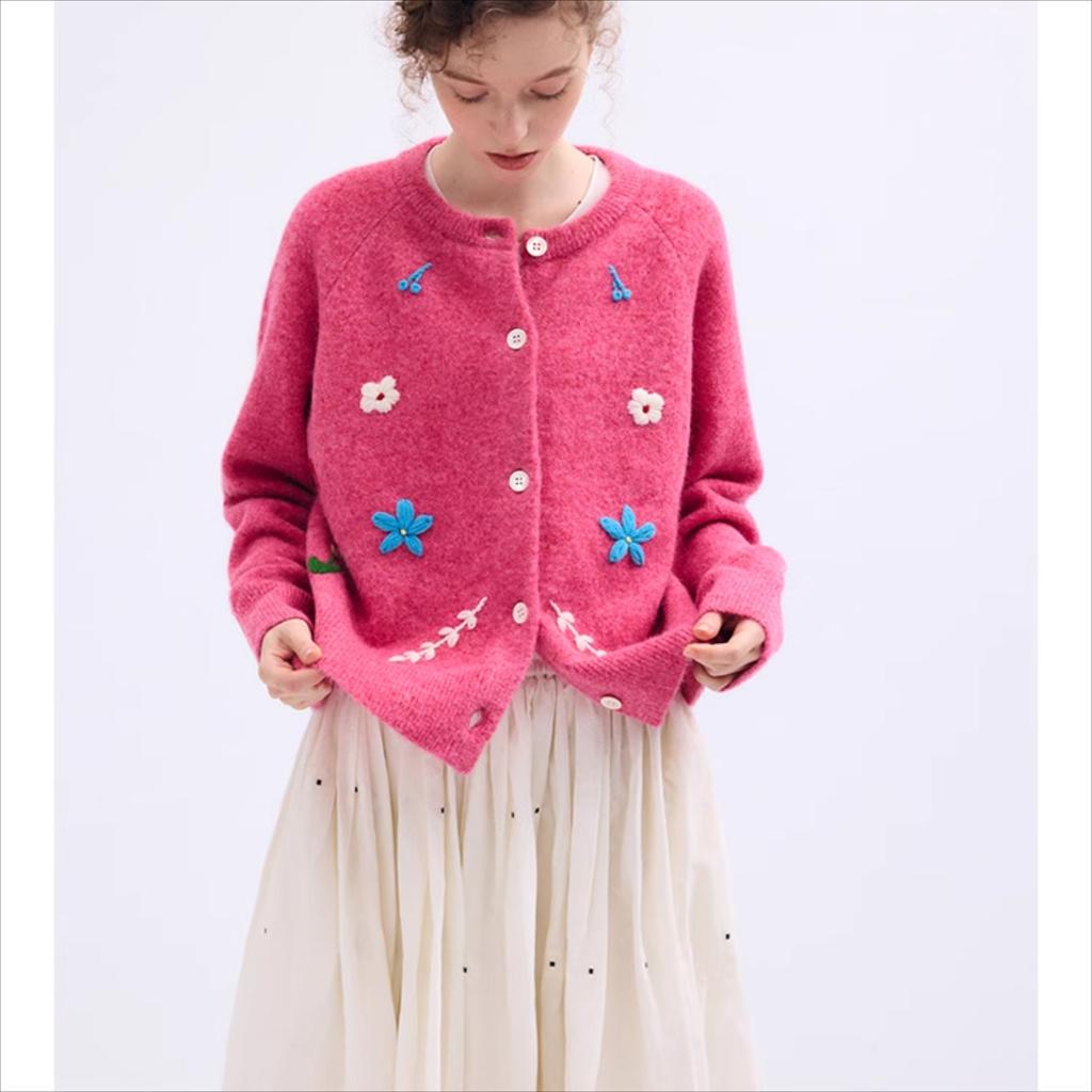 Dimanaf 2025 Autumn Jacket Women Sweaters Coat Embroidery Wadded Coat Cardigan Knitting Pockets Blue Pink Sweater