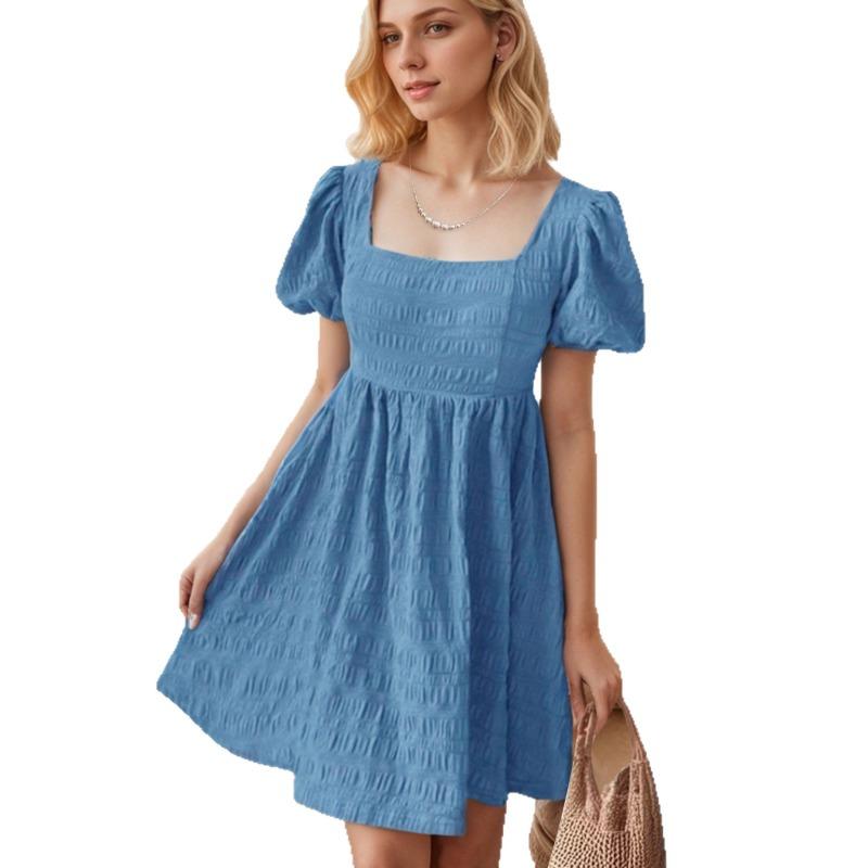 Women Summer Square Neck Fitted Puff Sleeve A Line Short Dress