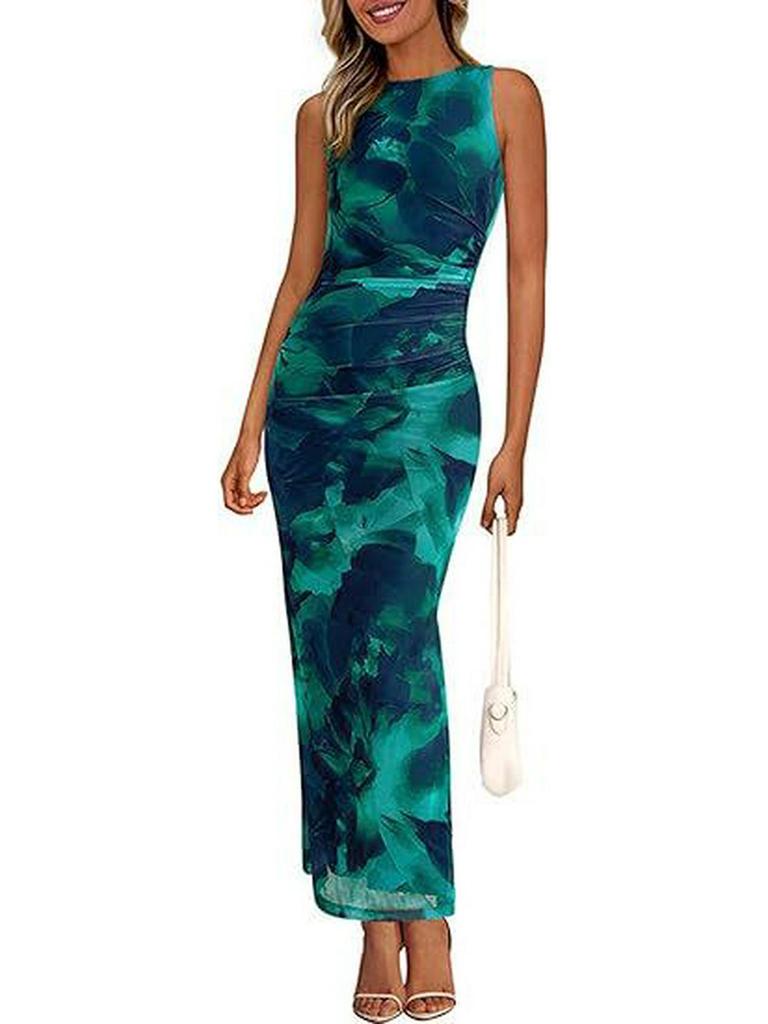 2024 Women's Floral Ruched Mesh Bodycon Dress - Sleeveless, Round Neck