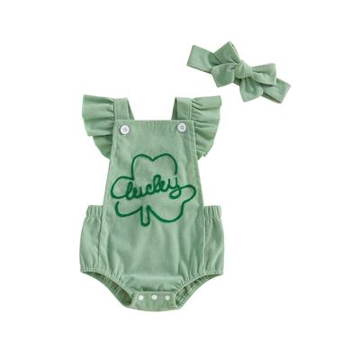 Baby Girls Rompers Ireland Clothes Letter Clover Embroidery Corduroy Ruffles Sleeveless Spring Bodysuits Jumpsuits with Headband