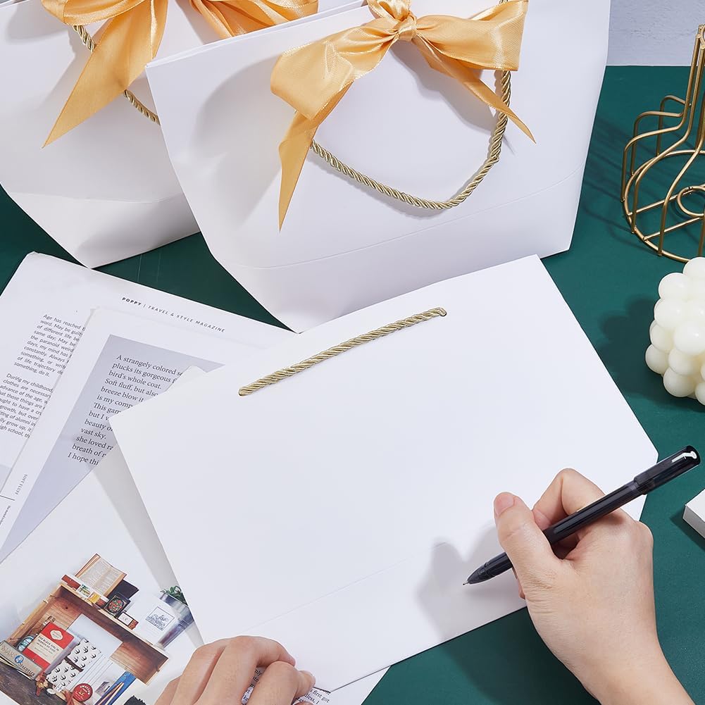 SUPERFINDINGS 12 Sets White Gift Bags Medium Gift Bags with Handles Party Favor Bags with Gold Bow Ribbon Paper Bags Bulk For Party Wedding Birthday