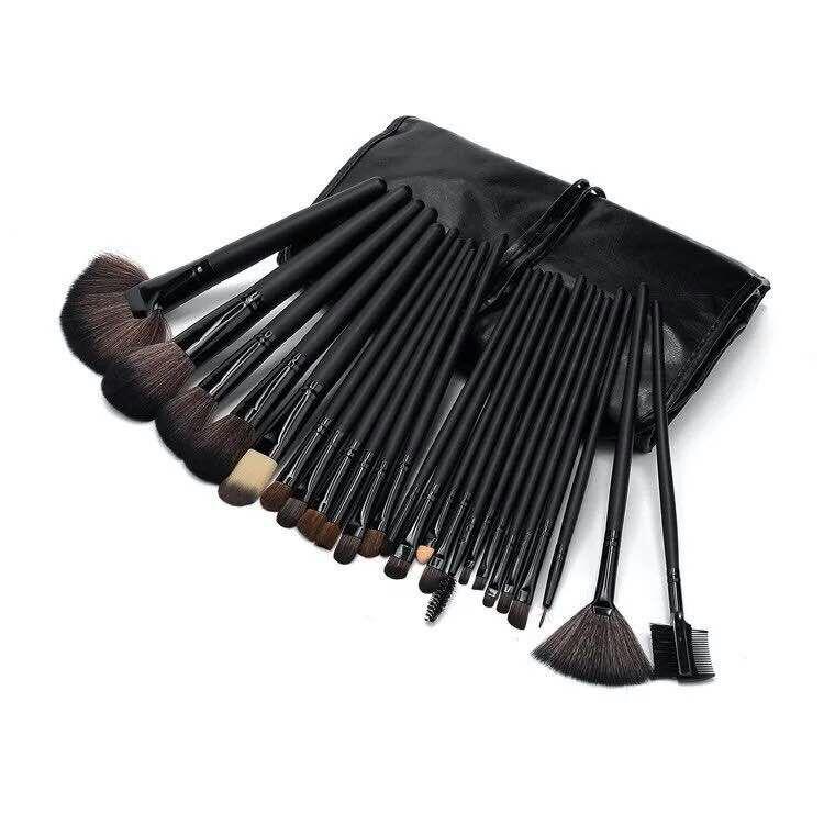 32-Piece Pink Makeup Brush Set with Black Wood Handles
