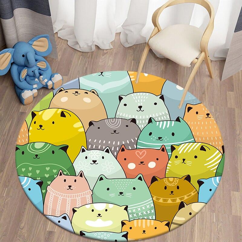 Decorative Carpet Cartoon Cat Printed Area Rugs Round Carpet for Living Room Floor Mat Flannel Anti-Slip Mat for Children