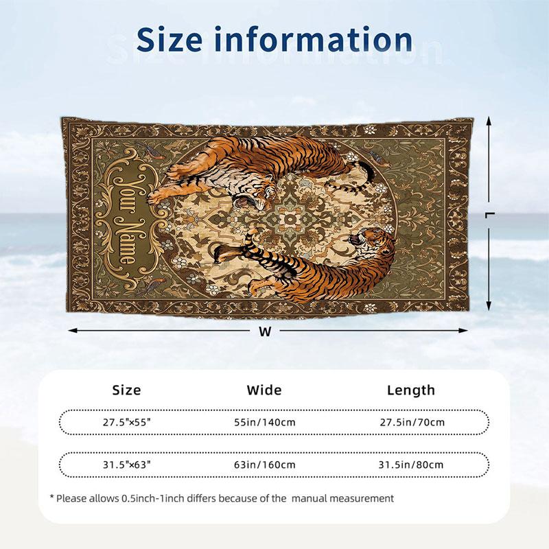 Tiger Art Poster Theme Quick Dry Beach Towel Custom Name Text Print Large Sand Resistant Towel Beach Vacation
