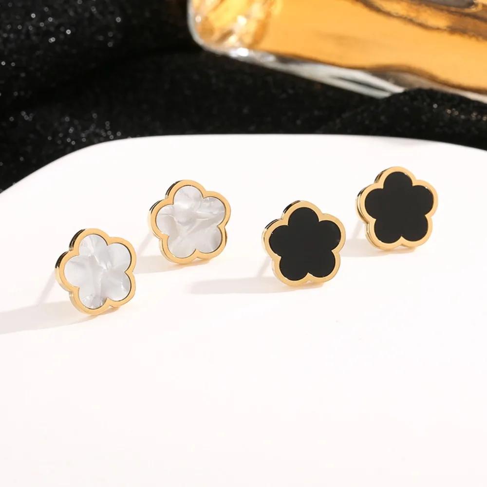 Cute Romantic Five Leaf Flower Stud Earrings for Women Claccic Simple Stainless Steel Temperament Korea Earring Jewelry Gift