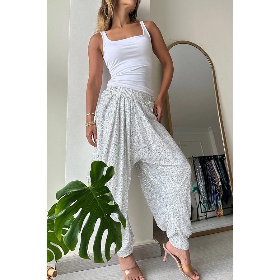 

Весняно-літні повсякденні штани-ліхтарики з паєтками та еластичною талією Large срібний