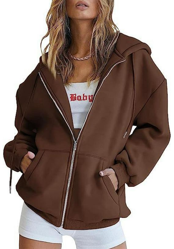 European and American Style Fleece-Lined Loose Fit Hooded Jacket with Zipper and Pockets
