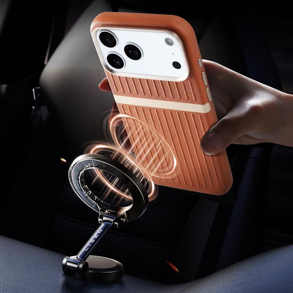 Luxury Luggage Stripe Magnetic Phone Case for iPhone 17 Pro Max 17 Air 16 Pro 15 14 13 Wireless Charging PU Leather Hard Cover
