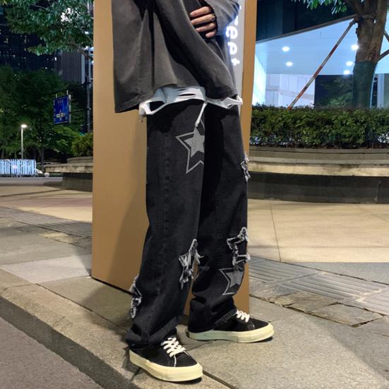 Men Denim Pants Five-pointed Star Pattern Embroidery Loose Wide Leg Streetwear Solid