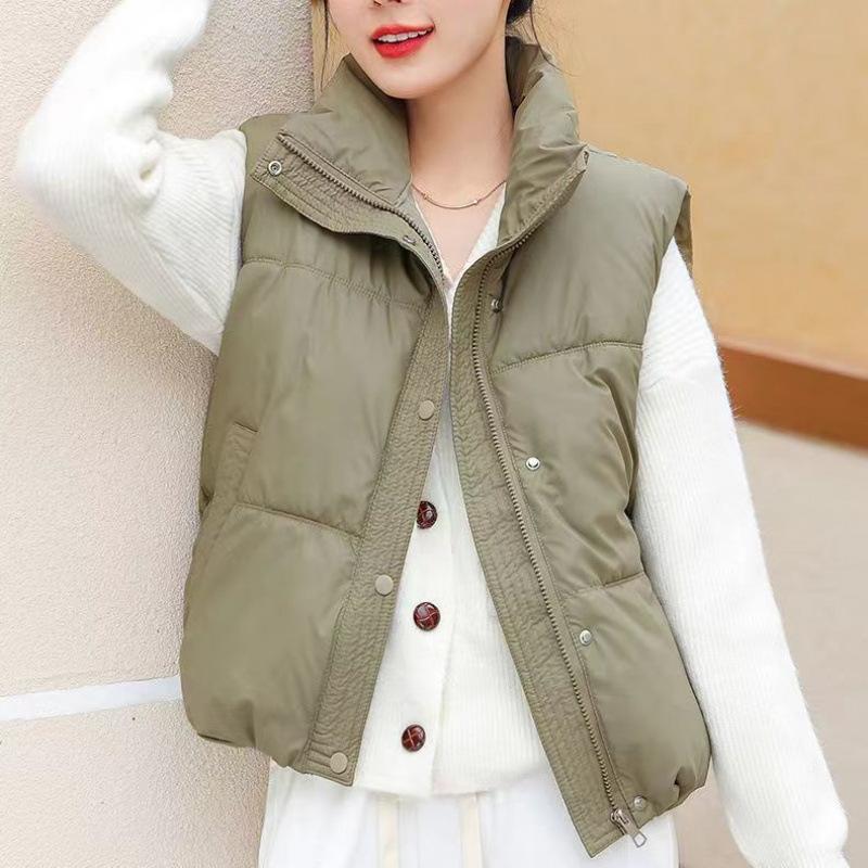 

Autumn and Winter Updated Glossy Wash-free Down Cotton Vest Korean Style Relaxed Fit Short Style Slimming Stand-up Collar Jacket Wais Practical Use S зелёный
