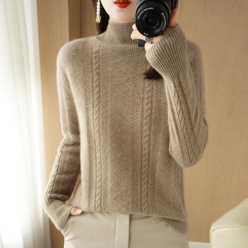 High Neck Vertical Stripe Jacquard Wool Sweater - Fashionable Cable Knit Cashmere Knitwear