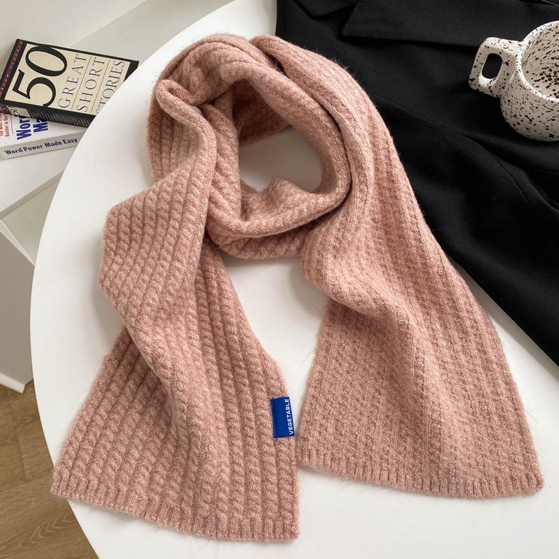 Wool knitted wool small scarf women's winter beige versatile couple solid color short scarf men's thin narrow