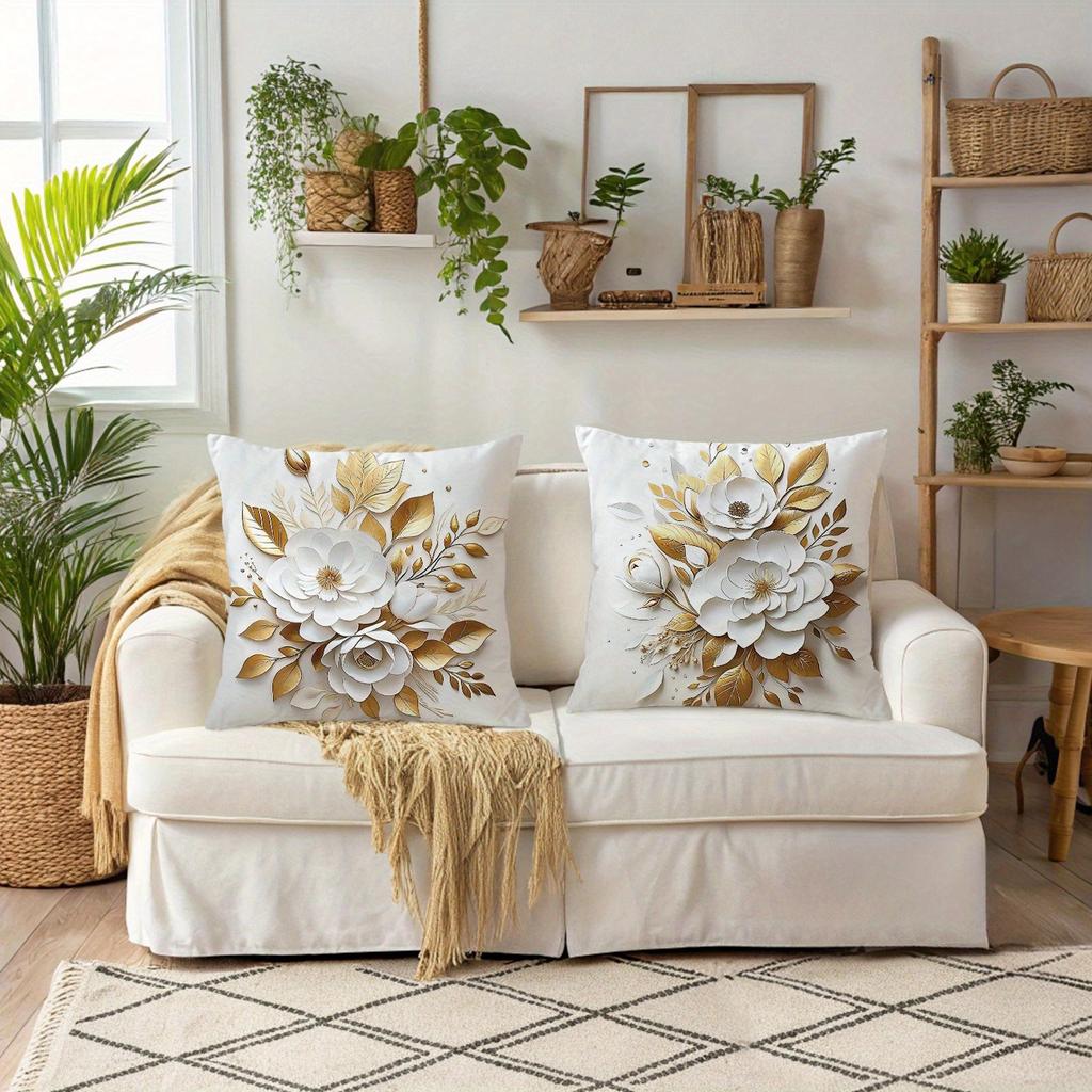 Elegant Gold - and - White Floral Pillow CoversLiving Room Sofa Cushion Cover, Soft and Comfortable, Bedroom Room Decoration