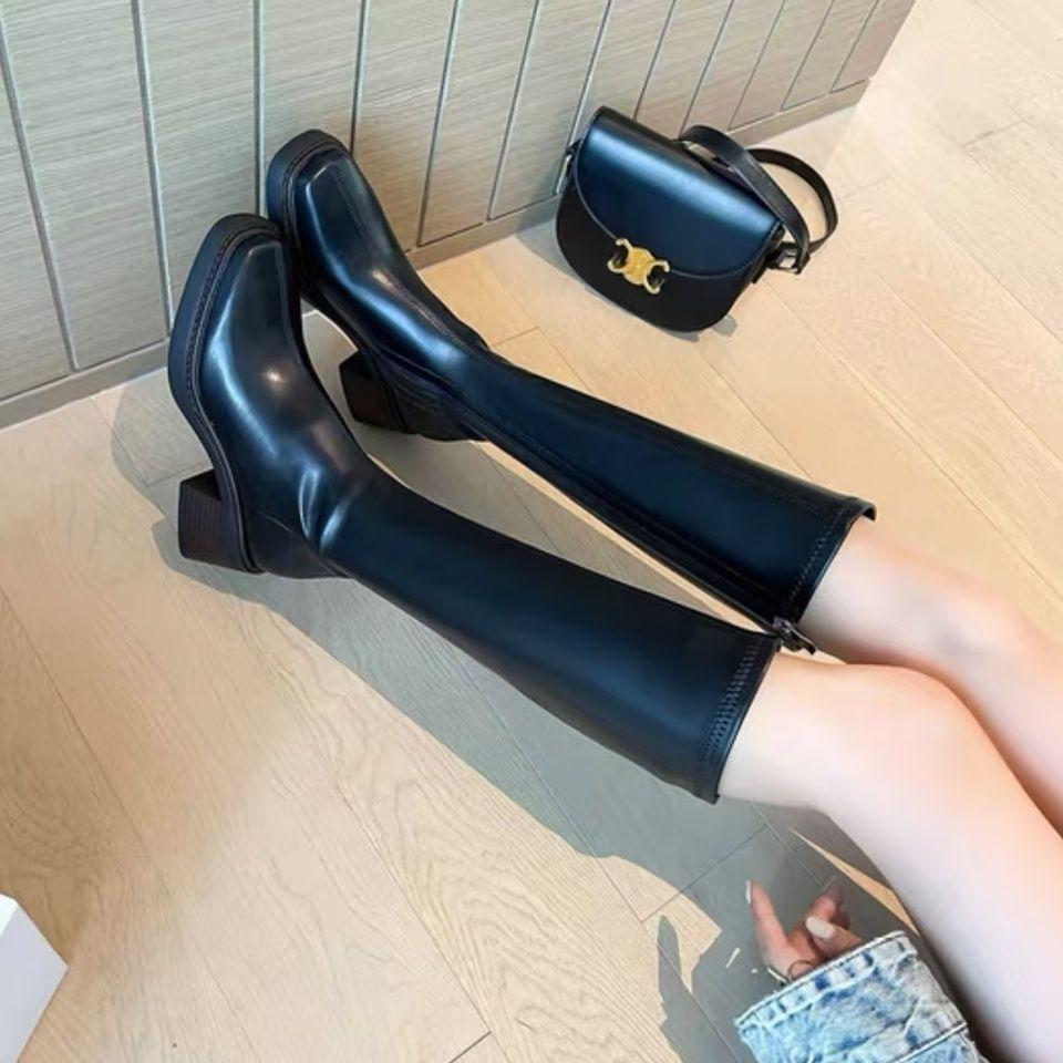 In the autumn and winter of 2025, the new thick high-heeled thick-heeled casual versatile elastic thin boots are flat but knee-length boots.
