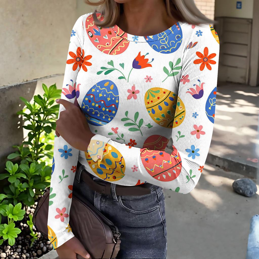 Women's And Winter Slim T-shirt Fashion Casual Printing Round Neck Pullover Long Sleeve Top