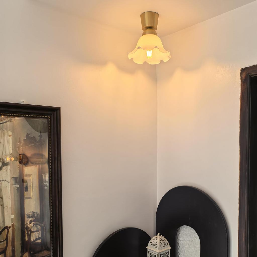 compact glass ceiling light with milky brass suction E26 LED Ideal for and other ceiling Bulb not Stylish, white, flower-shaped design, cup, base,