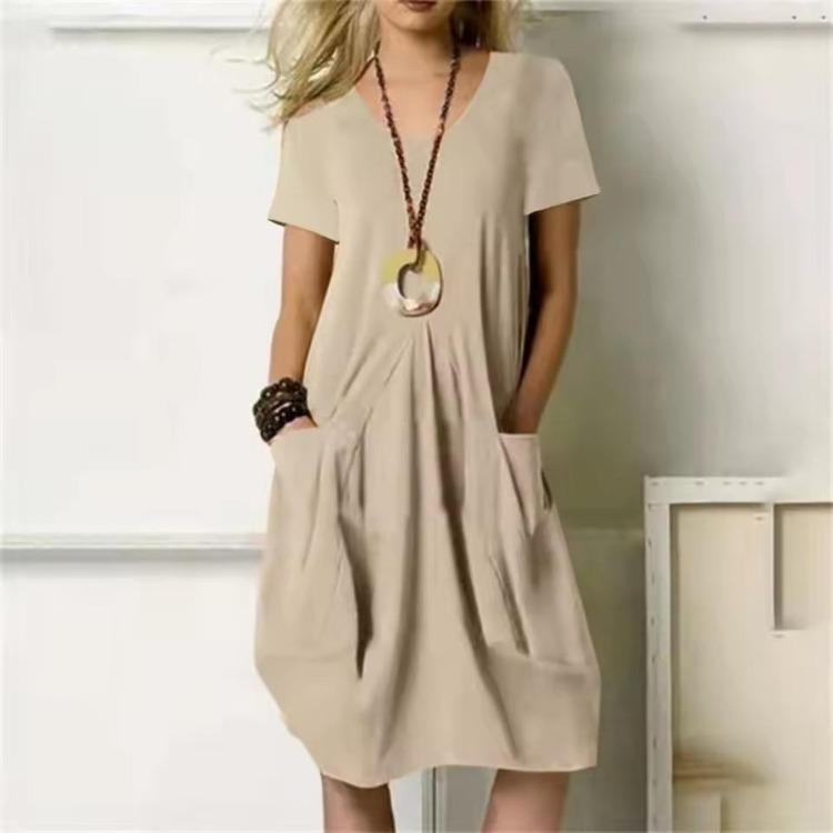 

Plus Size Oversized Casual Summer Dress for Women Short Sleeve Solid Color O Neck Daily Street Wear Fashion Lady Dress with Pocket 5XL хакі