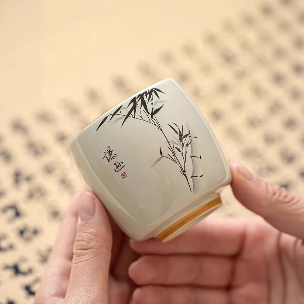 Plant Ash, Ink Bamboo, Hospitality Master Cup, Single Cup Ceramic Household National Style Tea Cup, Kung Fu Tea Set, Gift Box