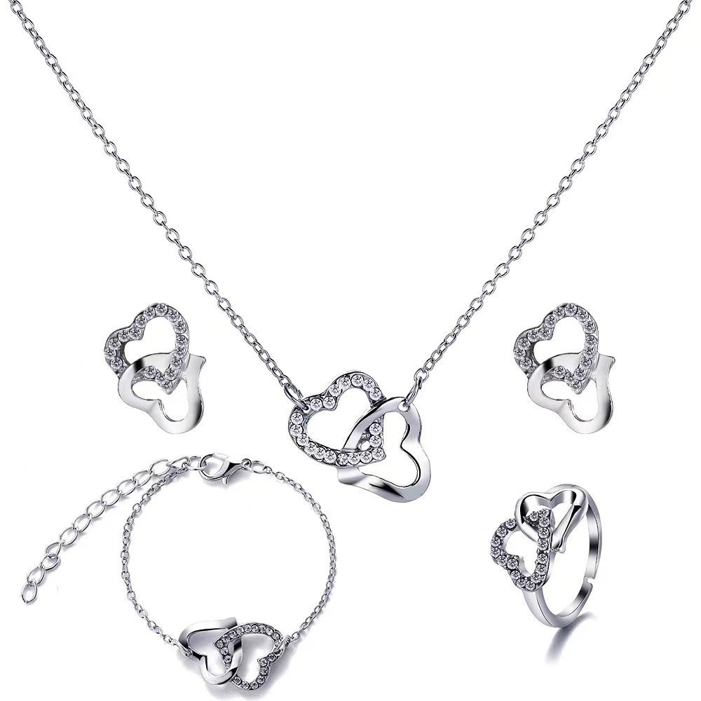 Luxury Rhinestone 4-Piece Jewelry Set, Necklace Earrings Bracelet Ring