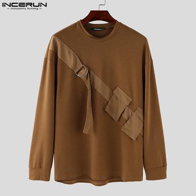 Autumn Spring Men Round Neck Long Sleeve Patchwork Casual Pullover Tops