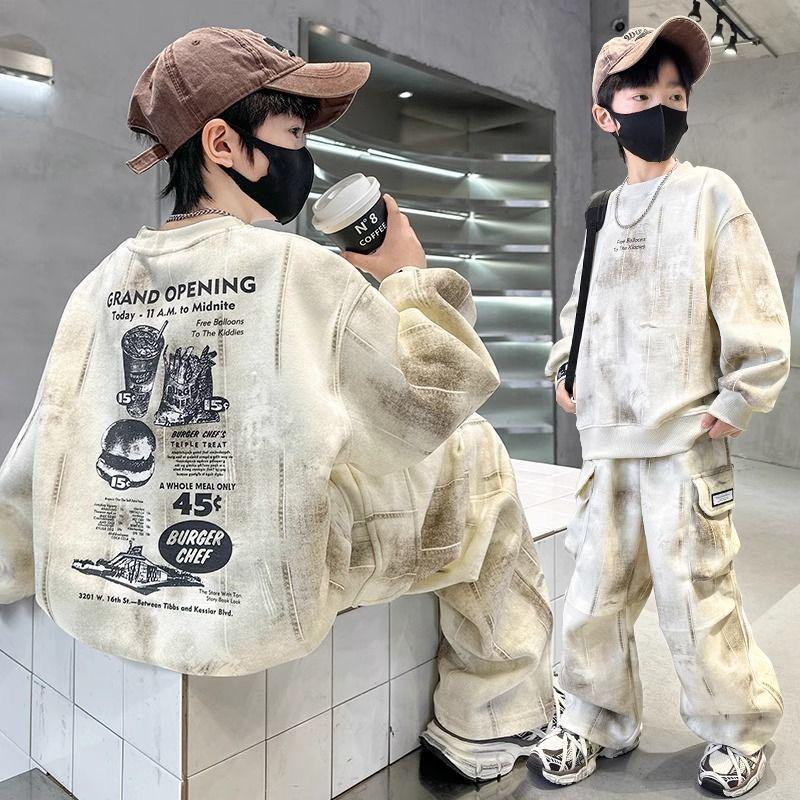 Spring Winter Boys Tracksuit Letter Graffiti Sweatshirt Hooded + Loose Cargo Pants Clothes Children Set 4 6 8 10 12 14 Year