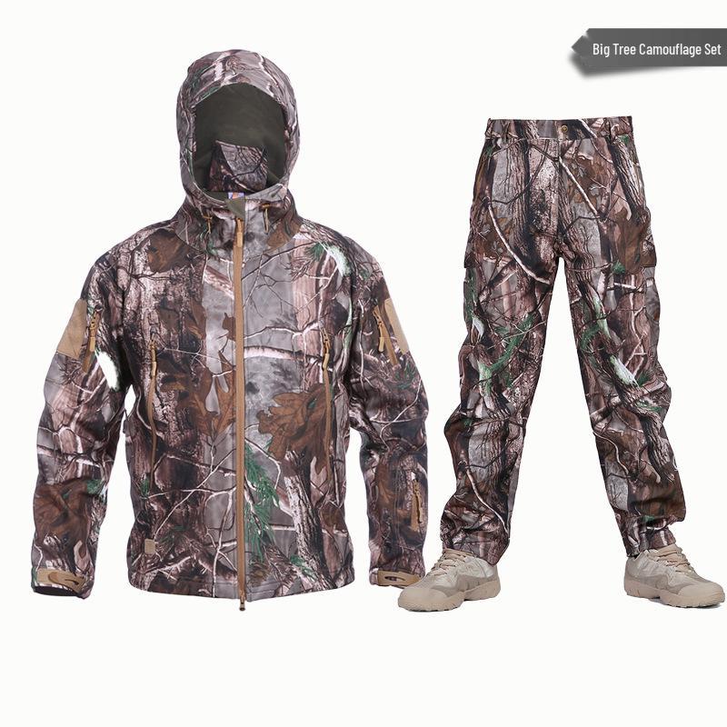 Alpha Green Tactical Sharkskin Waterproof Ski Suit: Camouflage Soft Shell Pants & Warm Fleece Set