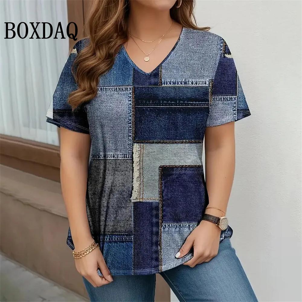 Women s summer V-neck retro geometric pattern printed short sleeved shirt XS