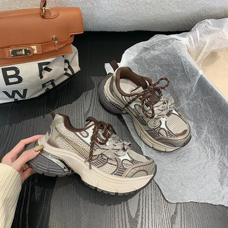 Fashion Women Sneakers Leather Mesh High Heels for Women Casual Lace Up Shoes Fashion Platform Shoes Trend 2025 Zapatos De Mujer