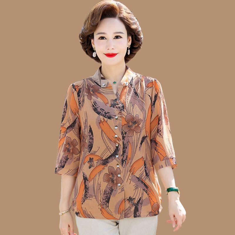 

Mom Summer Clothes Western Style Shirt 50-Year-Old Mid-Sleeve T-shirt Small Shirt Middle-Aged and Elderly Women Spring-Summer Top Belly Covering Suit Orange 2XL(About 52.50 kg-60.00 kg)