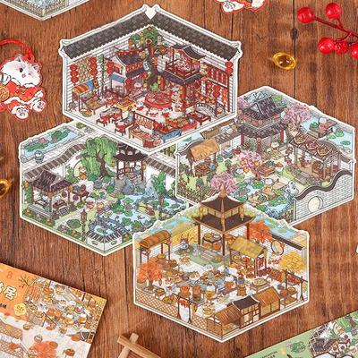 DIY Cartoon Cat Leisure Life In 4 Seasons Landscape Sticker 3D Pocket Cabin Scene Stacking Pasting Stickers Gift for Kid