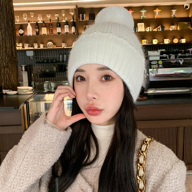 Autumn and Winter New Hat Female Rabbit Fur Pearl Fur Ball Hat Solid Color Winter Warm Knitted Wool Hat