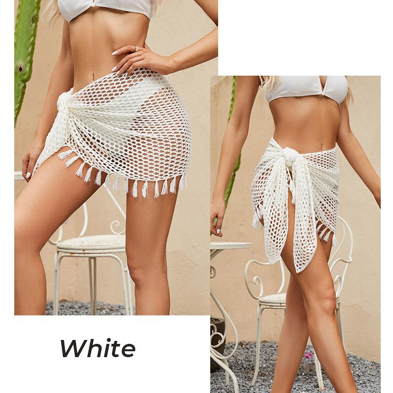 Sommer Damen Badebekleidung Fischernetz Häkeln Strand Überwurf Kurzer Wickelrock Durchbrochener Quastenfransen Konvertierbarer Sarong 100% Acryl M white