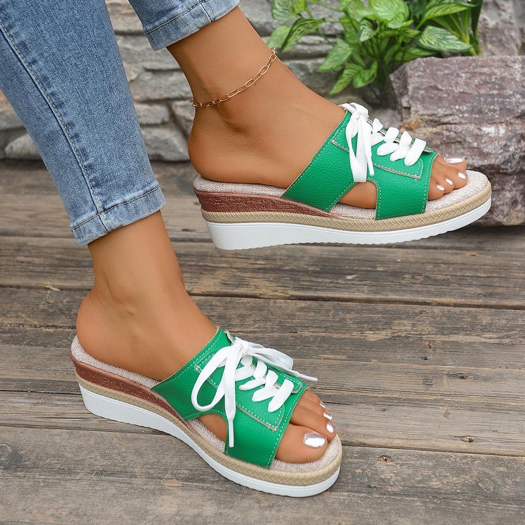 Mode 2025 Sommer neue lässige, leichte und strapazierfähige Schnür-Dekor Keilabsatz Fischmaul Römersandalen