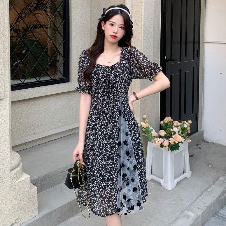 Fashion women s clothing floral square neck dress women s fat MM new French retro design mesh stitching medium and long dress S