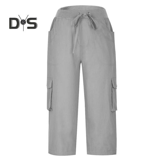 Cropped-Hose für Damen, elastischer Bund, verstellbarer Kordelzug, Wander-Cargohose mit mehreren Taschen, einfarbig, Kletterhose