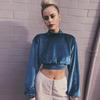 2025 Autumn/Winter Women's High Neck Velvet Cropped Hoodie - Slim Fit Long Sleeve Top