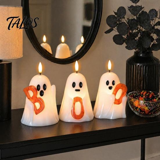 Halloween Table Centerpieces Ghost Flameless Candle, Cute Holding BOO Letter Tealight, Autumn Seasonal Home Decor Battery Operated LED Flickering