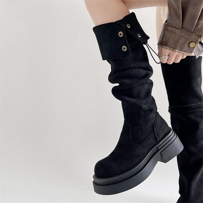 Fashion temperament retro knee thick-soled boots women's 2025 new autumn and winter thin small height-increasing knight boots