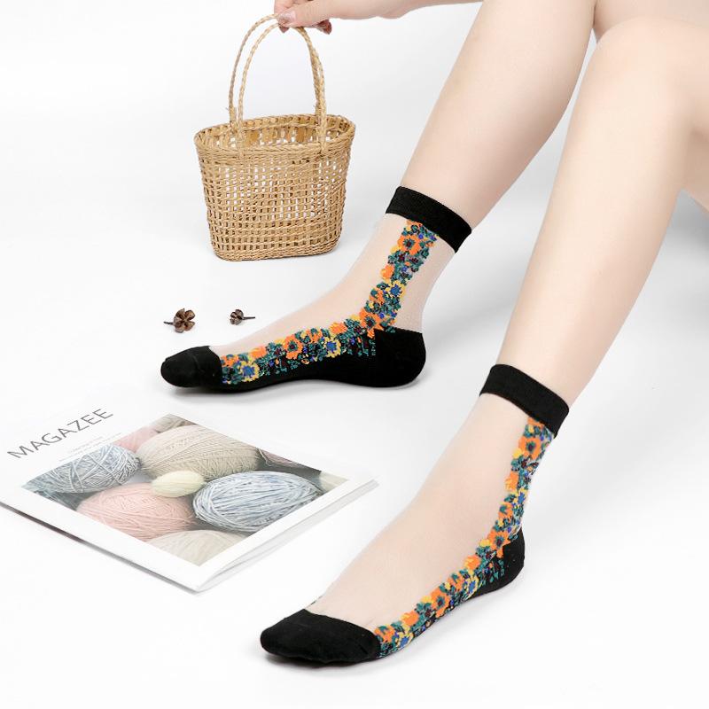 5 Pairs of Ladies Autumn Thin Floral Embroidered Glass Silk Clear Cotton Bottom Crystal Ice Stockings