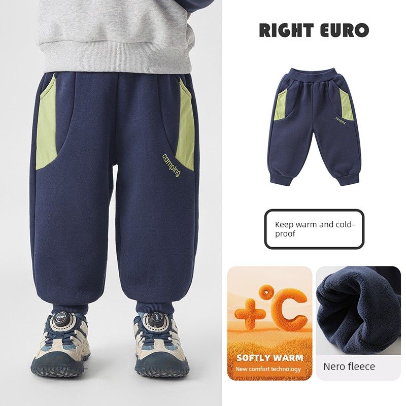 Right European Style Boys  Mountain-Style Patchwork Fleece-Lined Sports Pants 2025 Winter New Children s Clothing Baby Knitted Sweatpants Navy blue 110