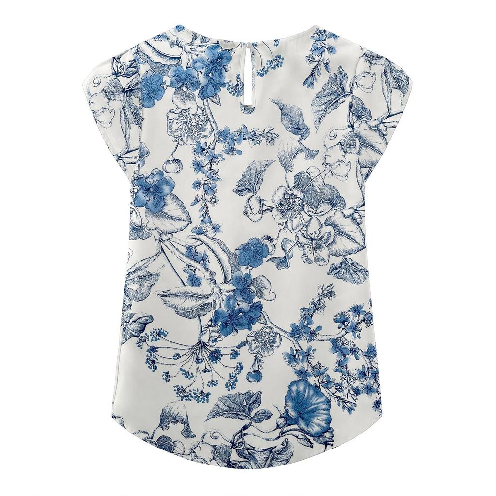 Women's Fashion Printed Short-sleeved Button Round Neck Casual Tops