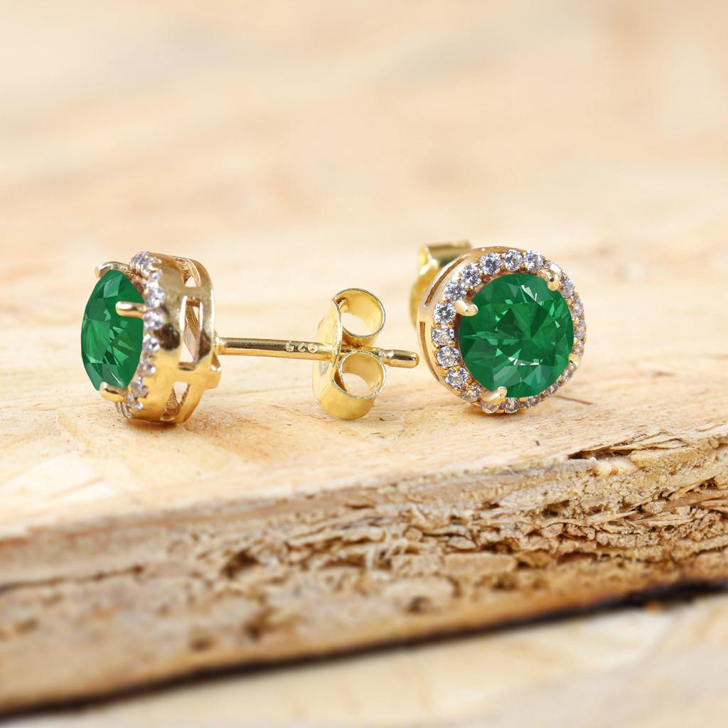 Green Round lab crown Emerald stud earrings for women, Gold earrings for her, Gemstone earrings, minimalist earrings, Round stud earrings